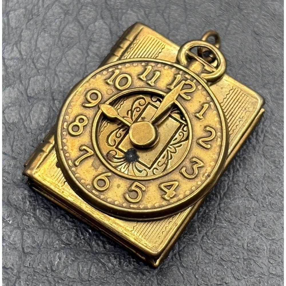 Vintage Clock Face Locket Pendant Charm Brass Tone Steampunk